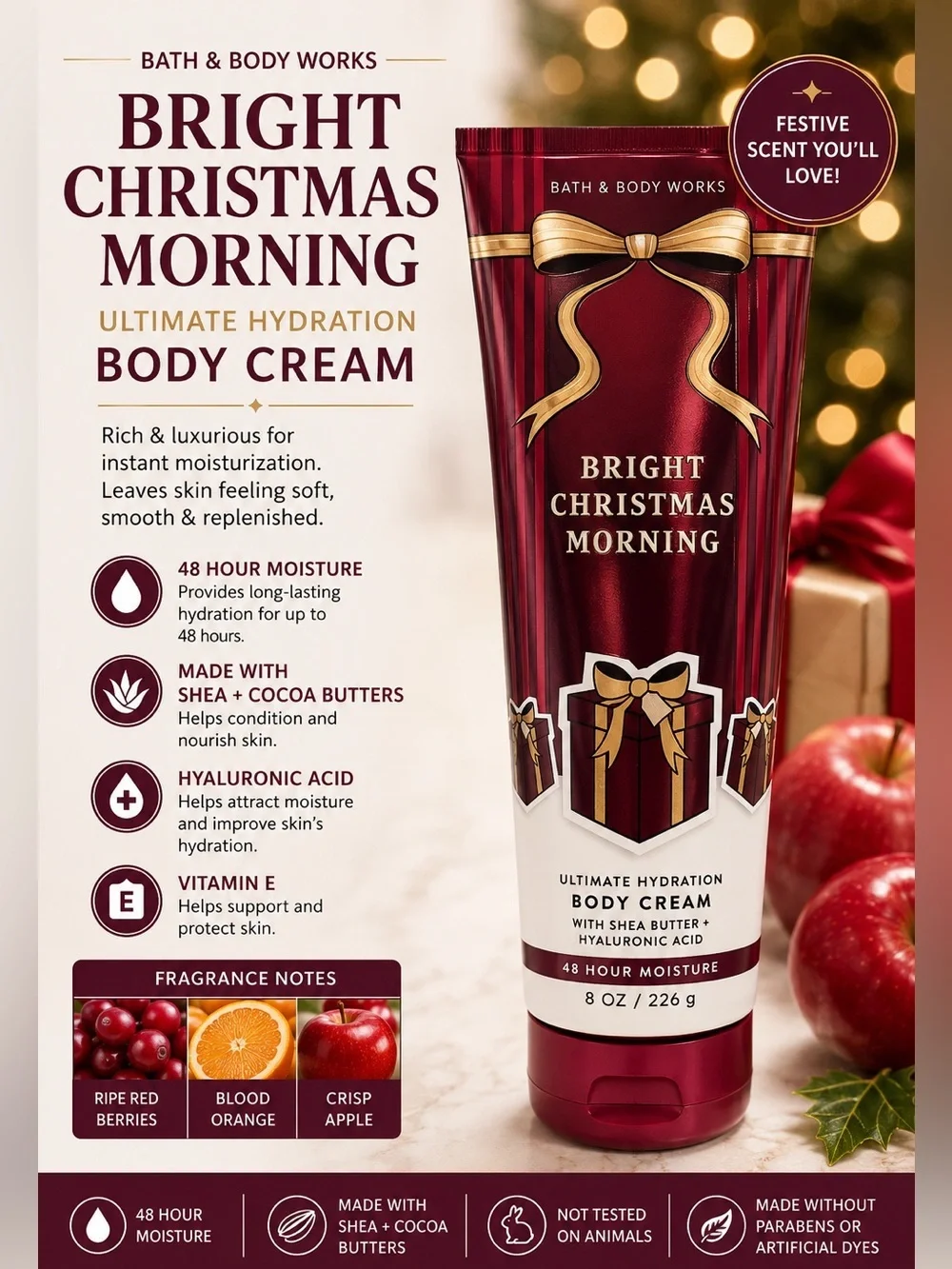 Bath & Body Works Bright Christmas Morning Body Cream - Red, Gold, White